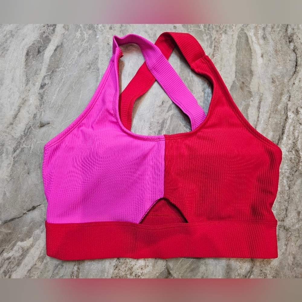 Pink Lily Small Colorblock Ribbed Sports Bra Pink Red Racerback Stretch
